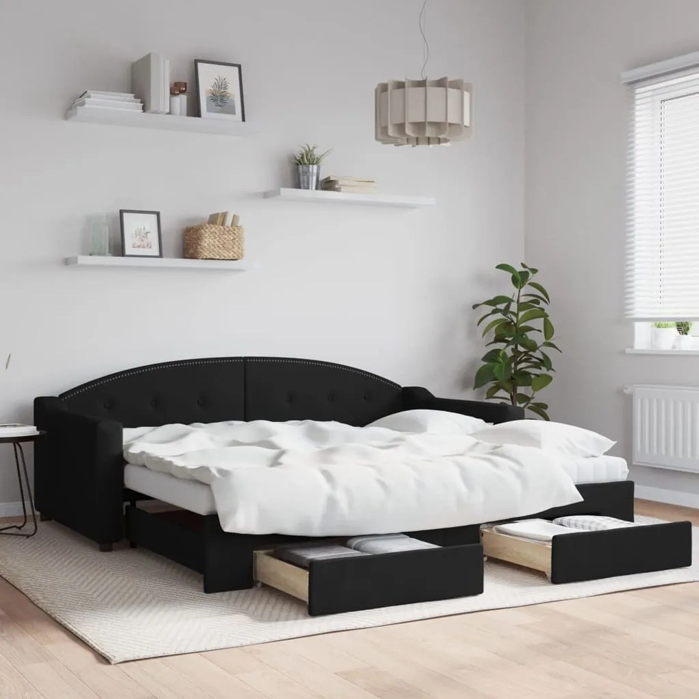 vidaXL Sofá-cama com gavetão e gavetas 90x190 cm tecido preto