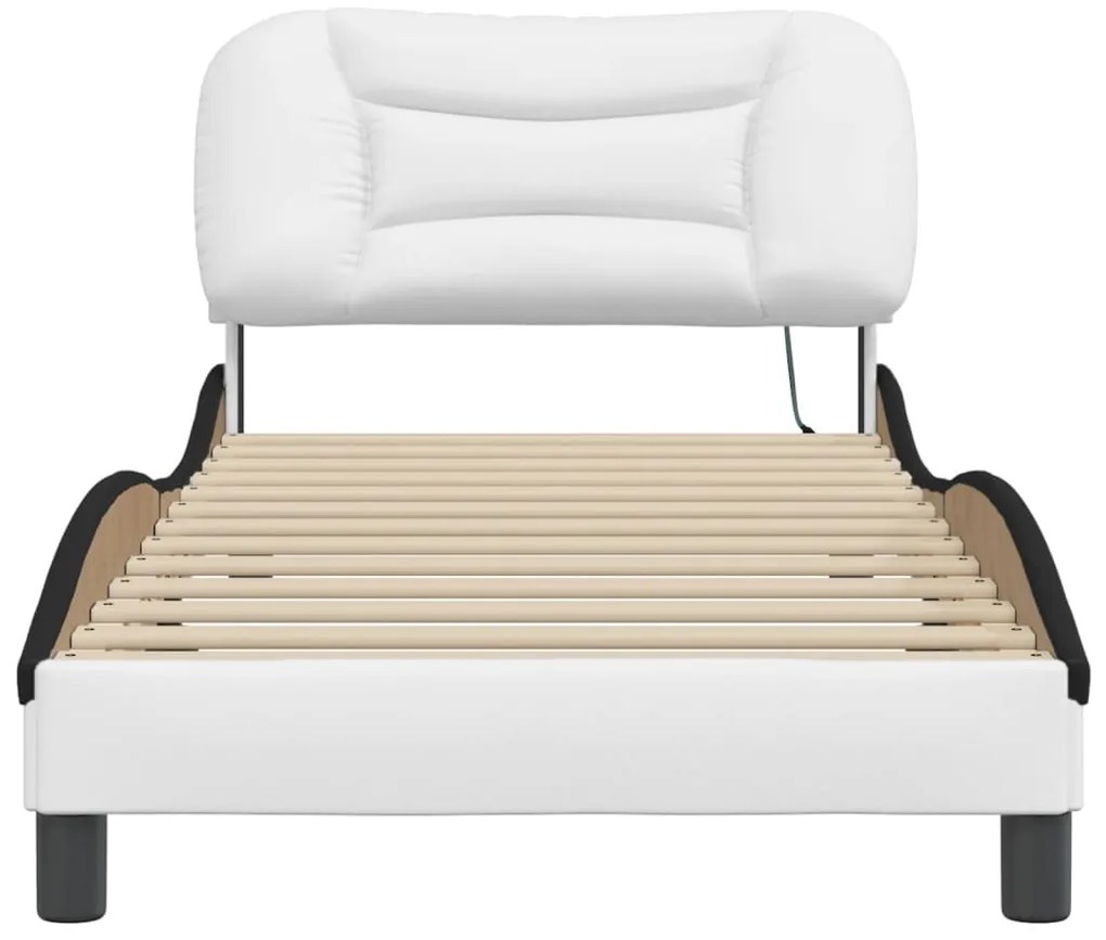 Estrutura cama c/ luzes LED 90x200cm couro artif. branco/preto