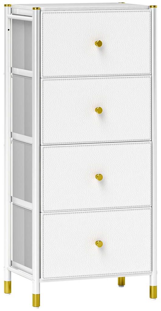 HOMCOM Cómoda para Dormitório Cómoda de Tecido com 4 Gavetas Dobráveis com Frentes de Couro PU 46x30x98 cm Branco | Aosom Portugal