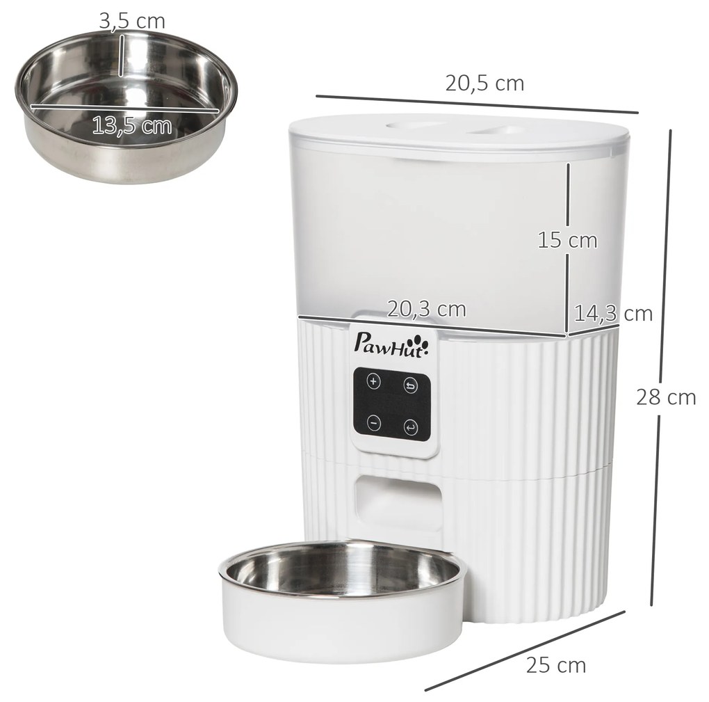 PawHut Comedouro Automático para Cães e Gatos 3,5L com Ecrã LED Temporizador Gravador de Voz Programável 4 Refeições ao Dia Tigela Removível e Lavável 20,5x25x28cm Branco