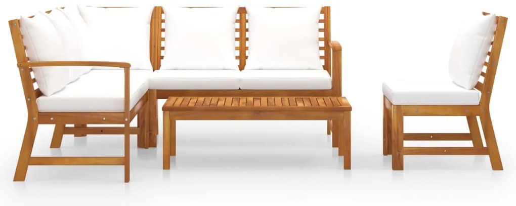 5 pcs conj. lounge jardim c/ almofadões cor creme acácia maciça