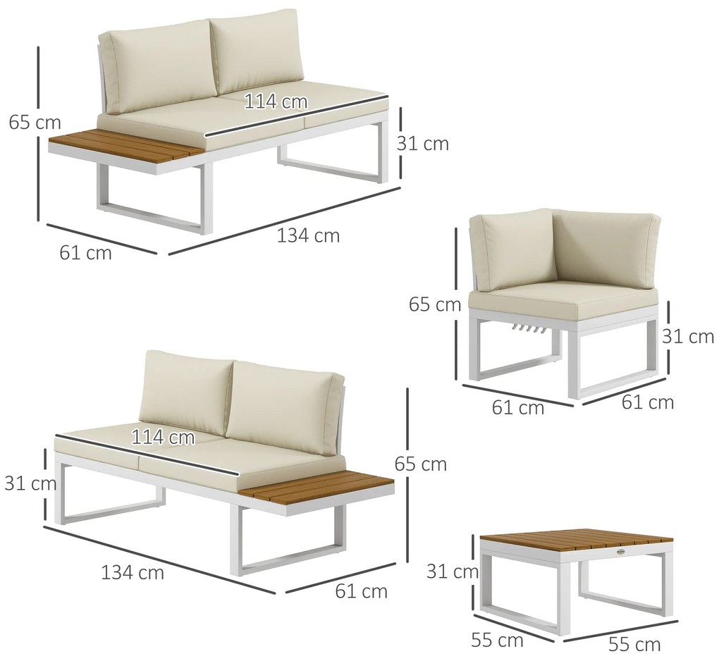 Conjunto de Móveis de Jardim Inclui 2 Sofás Duplos 1 Sofá de Canto e Mesa de Centro com Almofadas para Pátio Creme