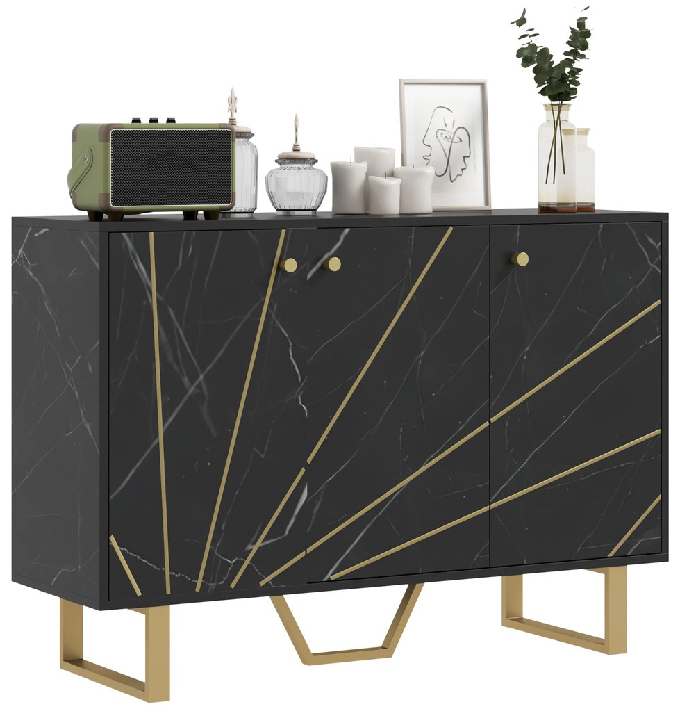 Aparador de Sala de Estar com 2 Armários e Prateleira Interior Ajustável com Efeito Mármore 107x35x75 cm Preto e Dourado