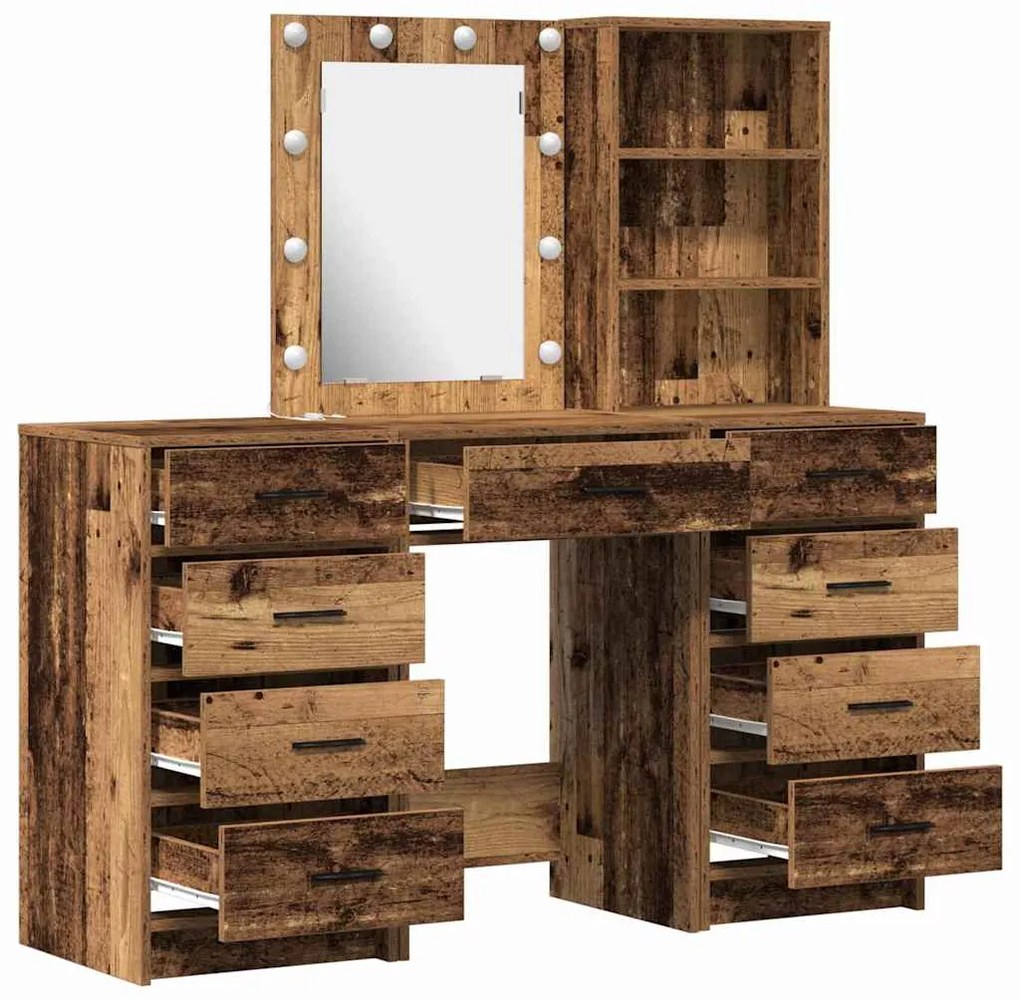 Conjunto de Mesa de Maquiagem de 3 Peças com LED em Acabamento Madeira