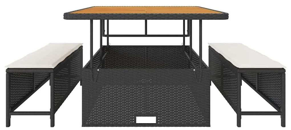 Conjunto de Jantar de Jardim com 3 Peças e Almofadas Preto em Rattan P