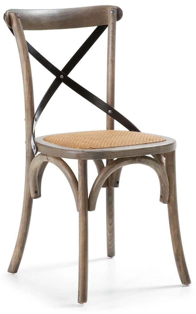 Kave Home - Cadeira Alsie de madeira maciça de olmo lacado castanho e assento de ratã