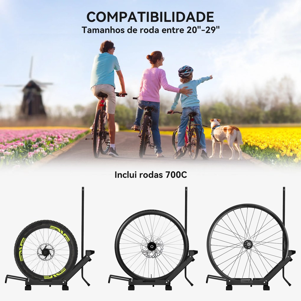 Suporte de Chão para Bicicletas Vertical e Horizontal com Altura Ajustável para Rodas de 20"-29" e 700c 75x41x71-81 cm Preto