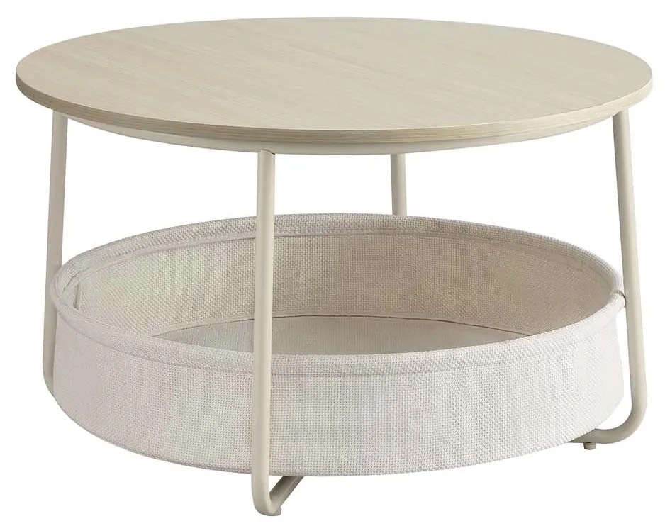 Mesa de centro redonda com cesto em tecido 75 x 45 cm bege natural + branco creme