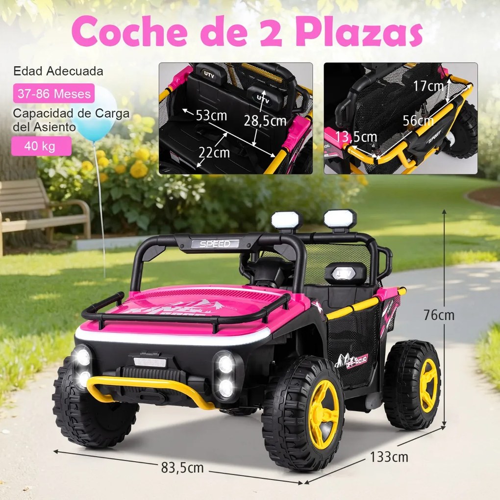Carro elétrico para crianças 24V 2 lugares com controle remoto, música, luzes e conexão sem fio, buzina Rosa