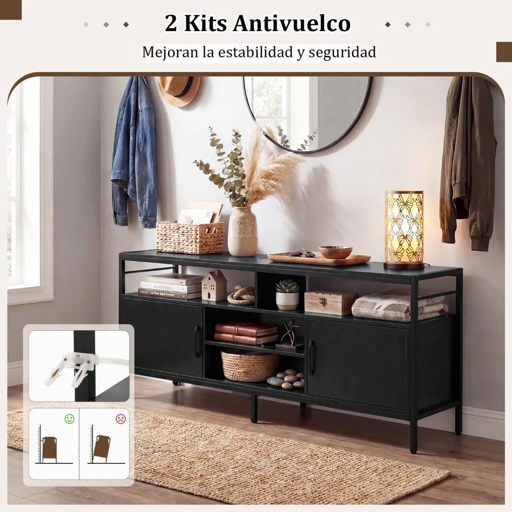 Móvel para TV até 65" com 2 armários e 4 prateleiras abertas, em madeira com pés de metal 147 x 35 x 63,5 cm Preto