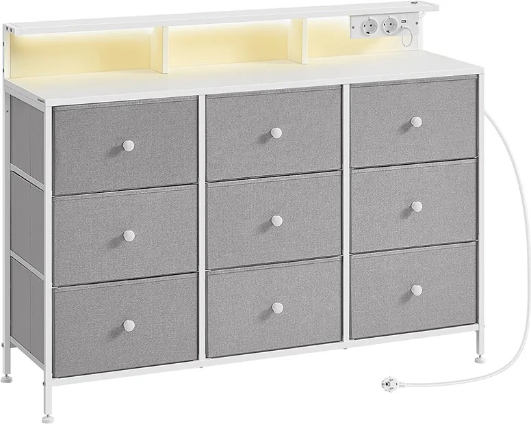 Cómoda com 9 gavetas e iluminação LED 33,5 x 114 x 84 cm Cinzento