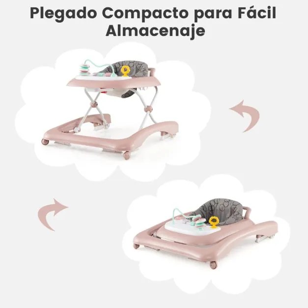 Andarilho dobrável para bebés 0-24 meses Centro de actividades com 3 alturas ajustáveis Assento almofadado Andarilho com rodas Rosa
