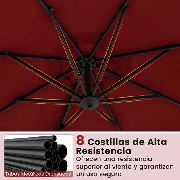 Guarda-sol redondo jardim 294 x 247 cm Guarda-sol suspenso com rotação de 360° Base cruzada 5 inclinações ajustáveis Cor de vinho