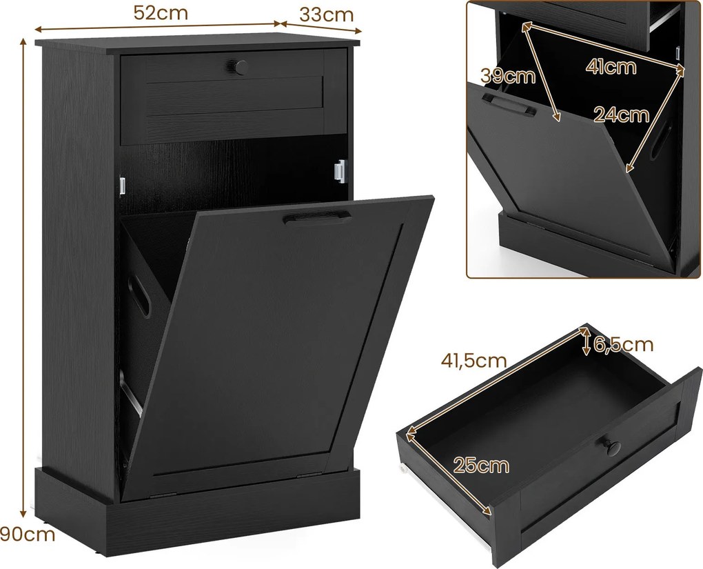 Armário para Roupa Suja, 52 x 33 x 90 cm, Saco de Tecido Removível, Preto