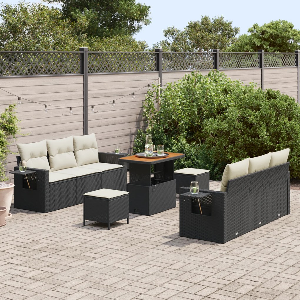 Conjunto de Sofá de Jardim vidaXL 9 Peças com Almofadas Preto Rattan P