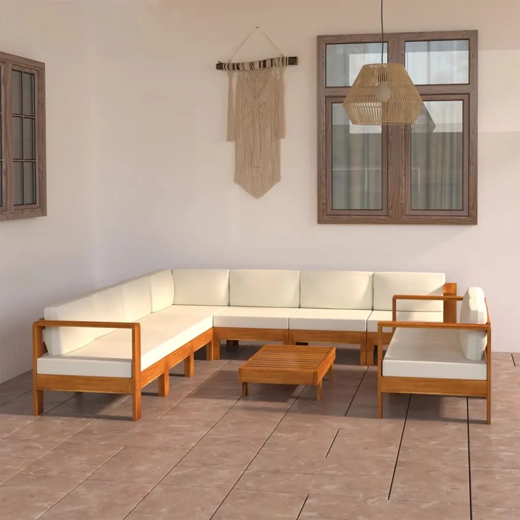 vidaXL 9 pcs conj. lounge de jardim c/ almofadões branco nata acácia
