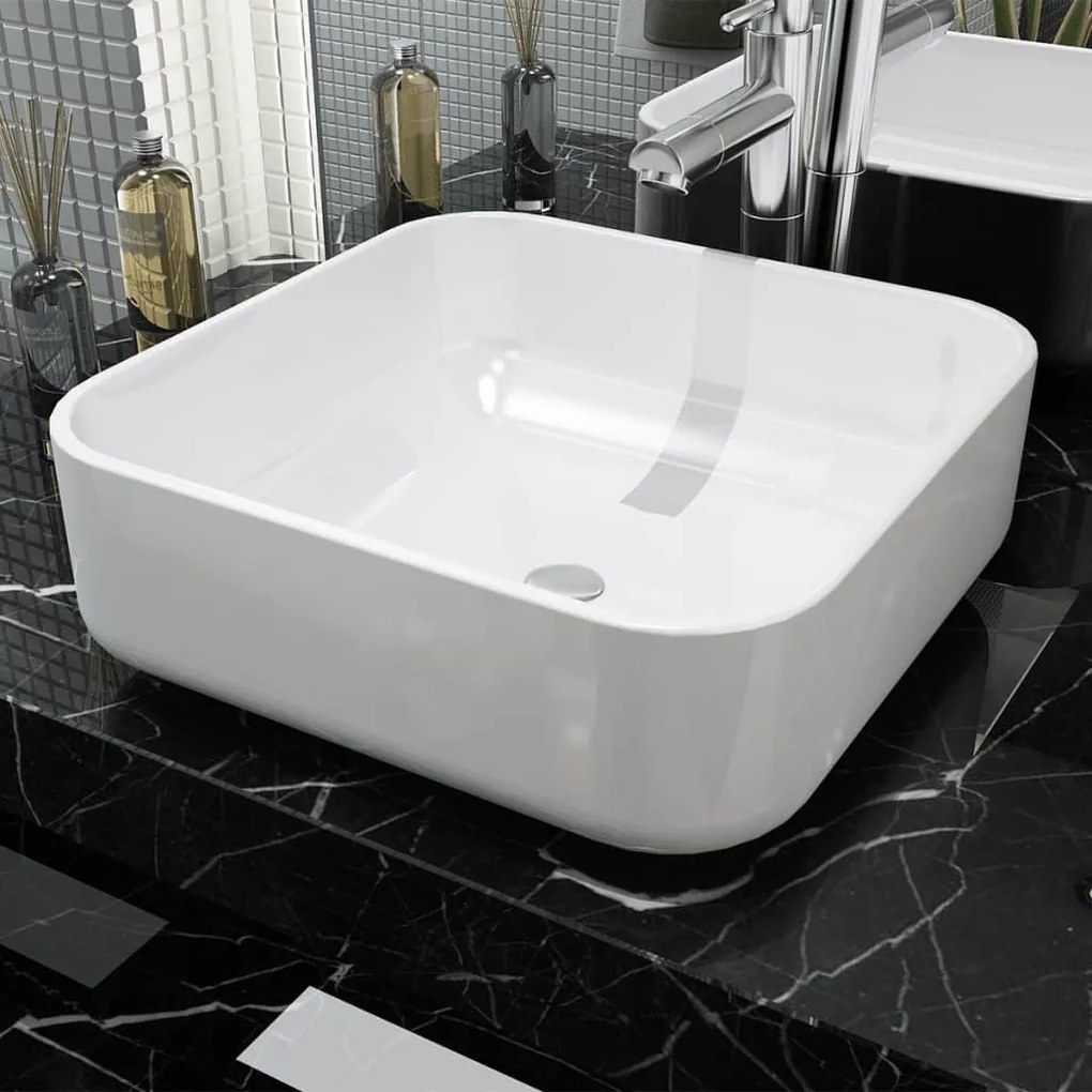 142338 vidaXL Lavatório quadrado branco cerâmica 39x39x13,5 cm
