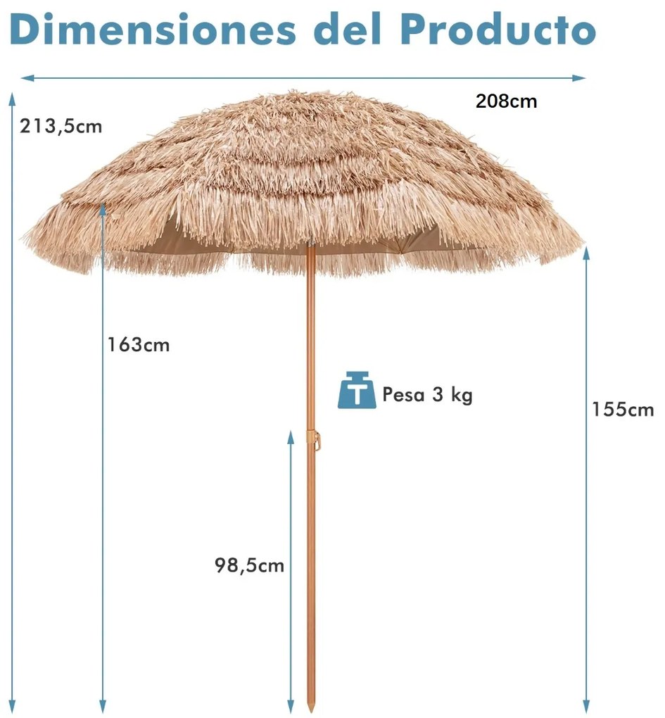 Guarda-sol Tiki jardim com telhado de colmo 208 cm Design basculante 8 varas Proteção solar para o exterior Leve Praia Piscina