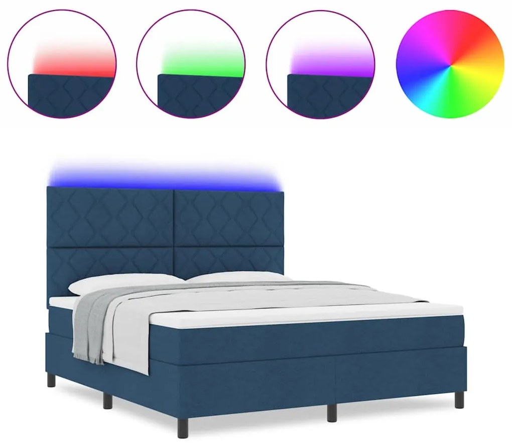 Cama Box Spring com Colchão e Luz LED - Azul, 180x200 cm, Tecido