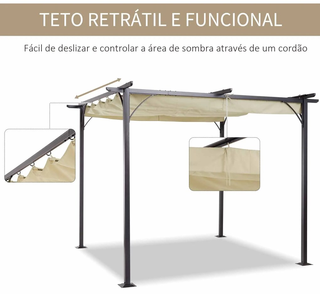 Pérgola para Jardim 3x3m com Telhado Retrátil Tecido de Poliéster Resistente à Água e UV 5 bege e preto