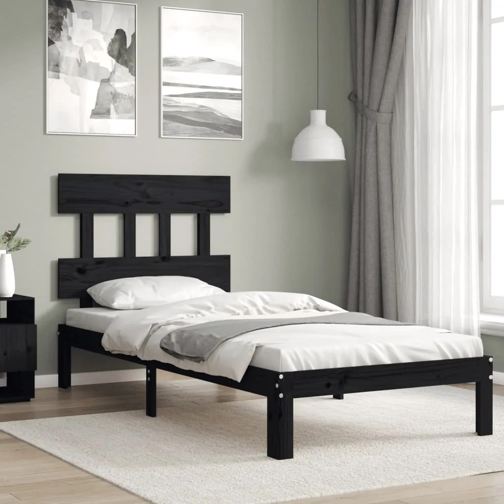 vidaXL Estrutura de cama com cabeceira 90x200 cm madeira maciça preto