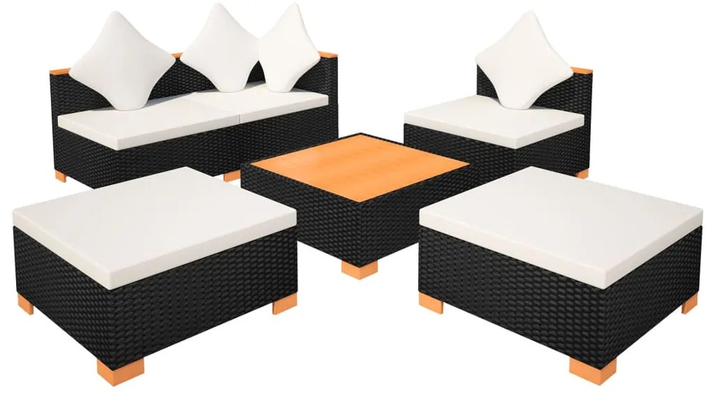 6 pcs conjunto lounge de jardim c/ almofadões vime PE preto