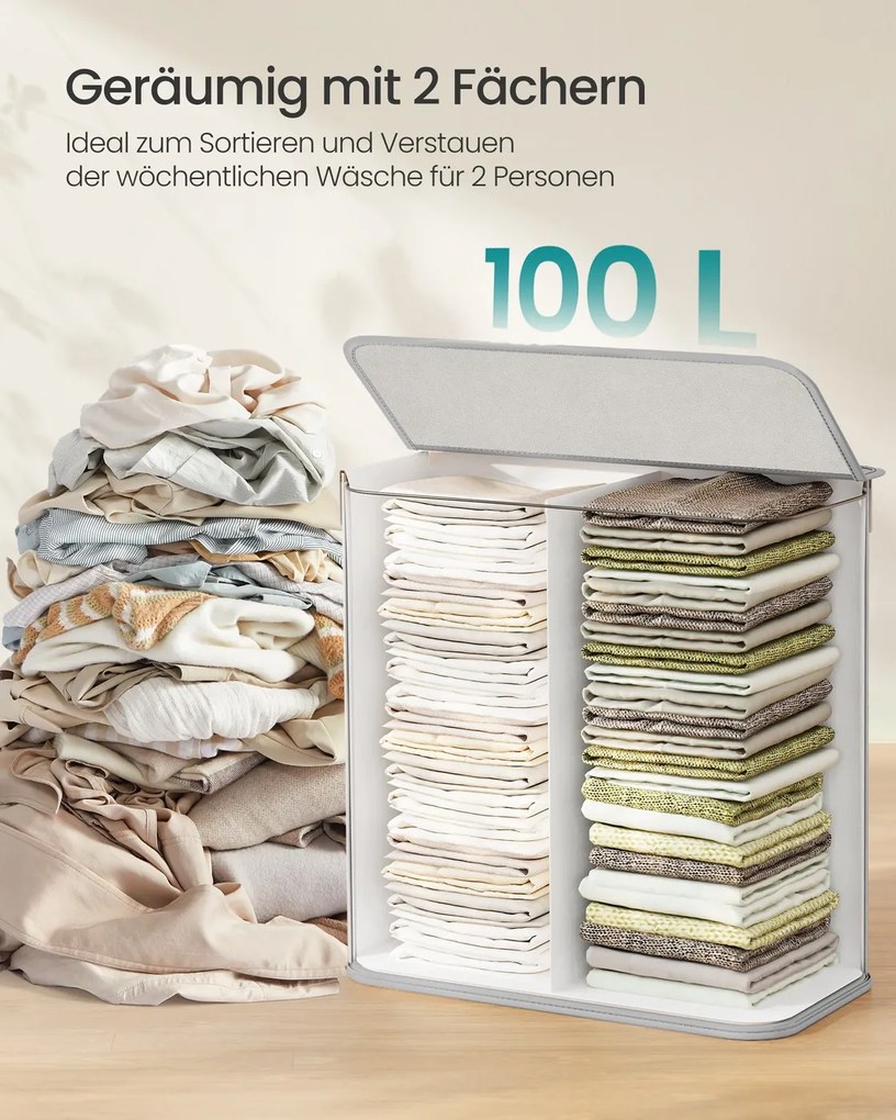 Cesto da roupa suja com 2 compartimentos, 100 L, com tampa, saco de bambu cinzento