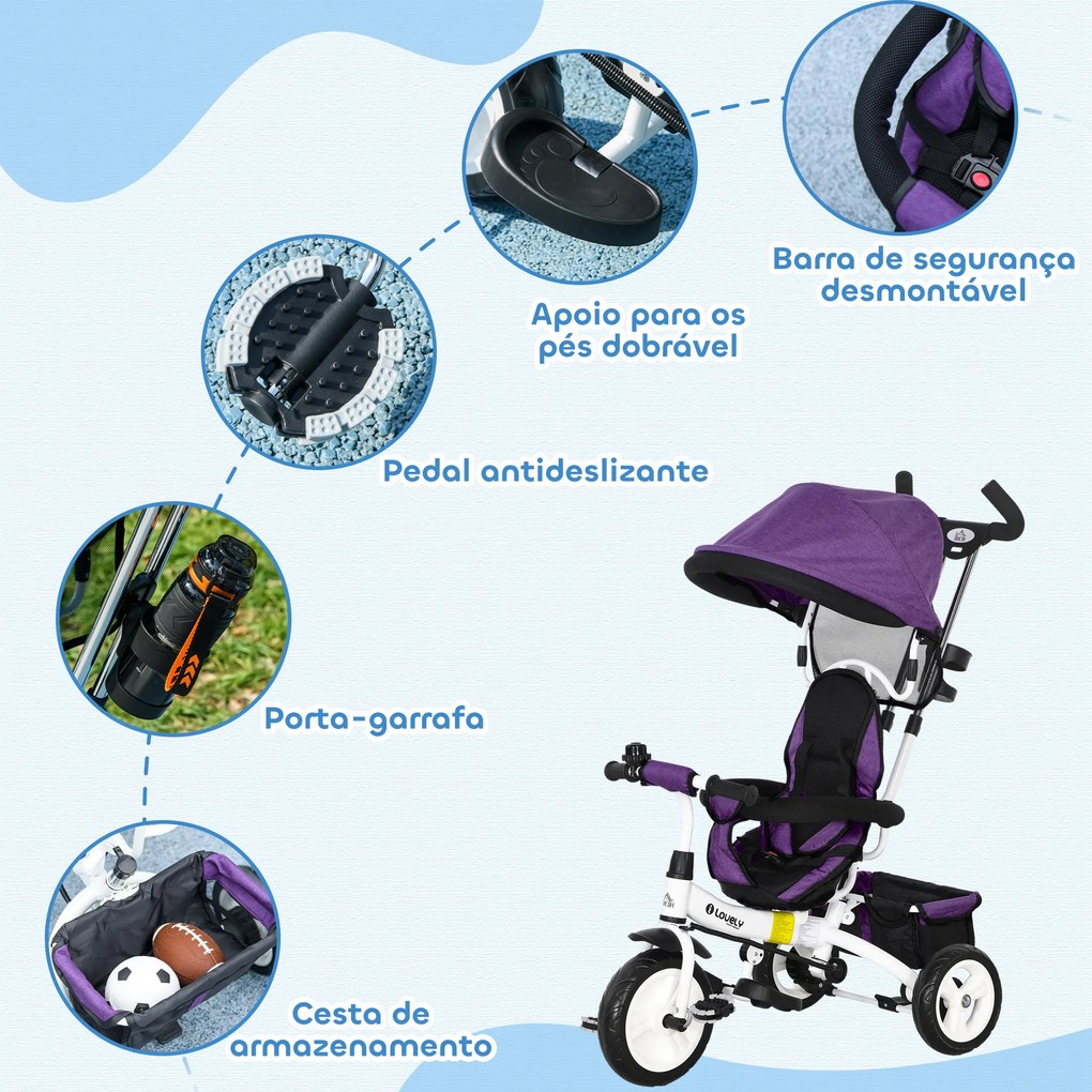 Triciclo Evolutivo para Bebés de +12 Meses 2 em 1 com Toldo Dobrável Guiador Cinto de Segurança e Cesto 95x50x106 cm Roxo