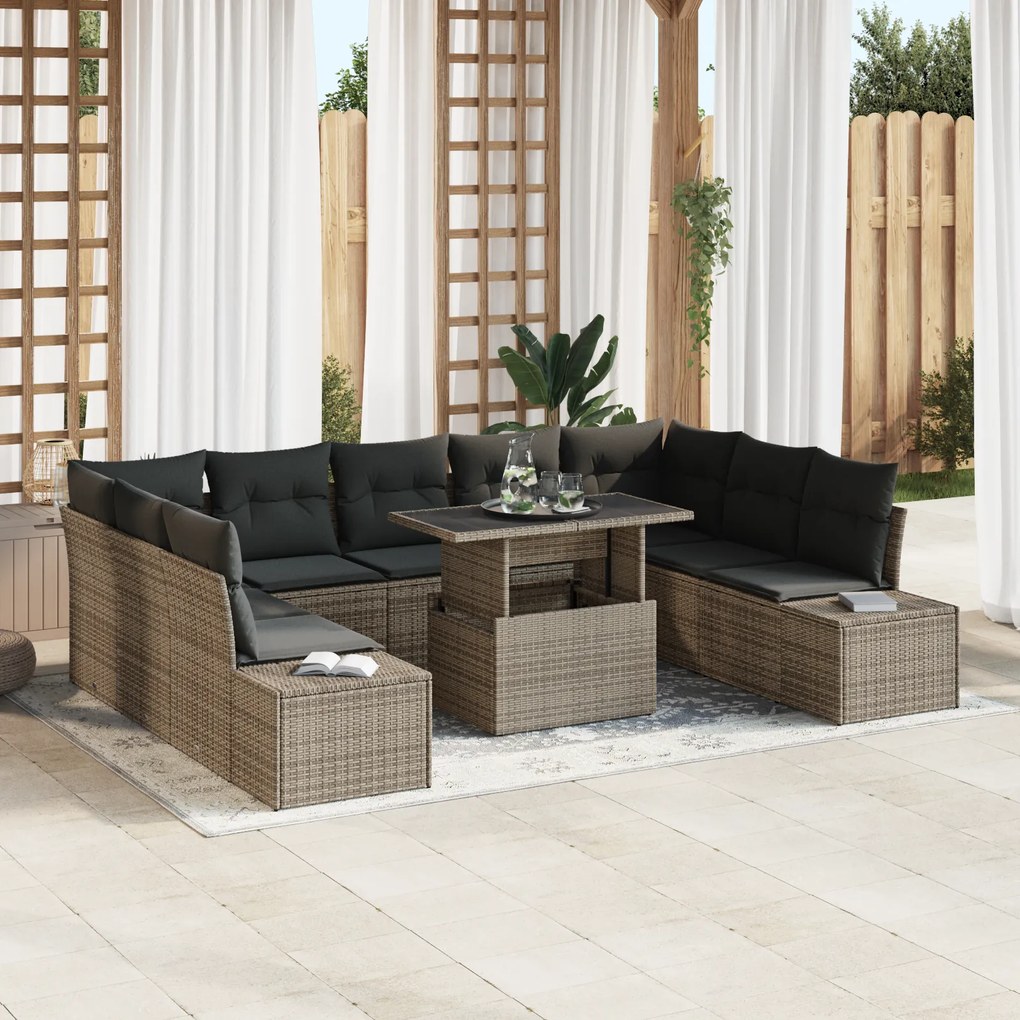 Conjunto de Sofás de Jardim de 10 Peças com Almofadas Cinza Vime Polié
