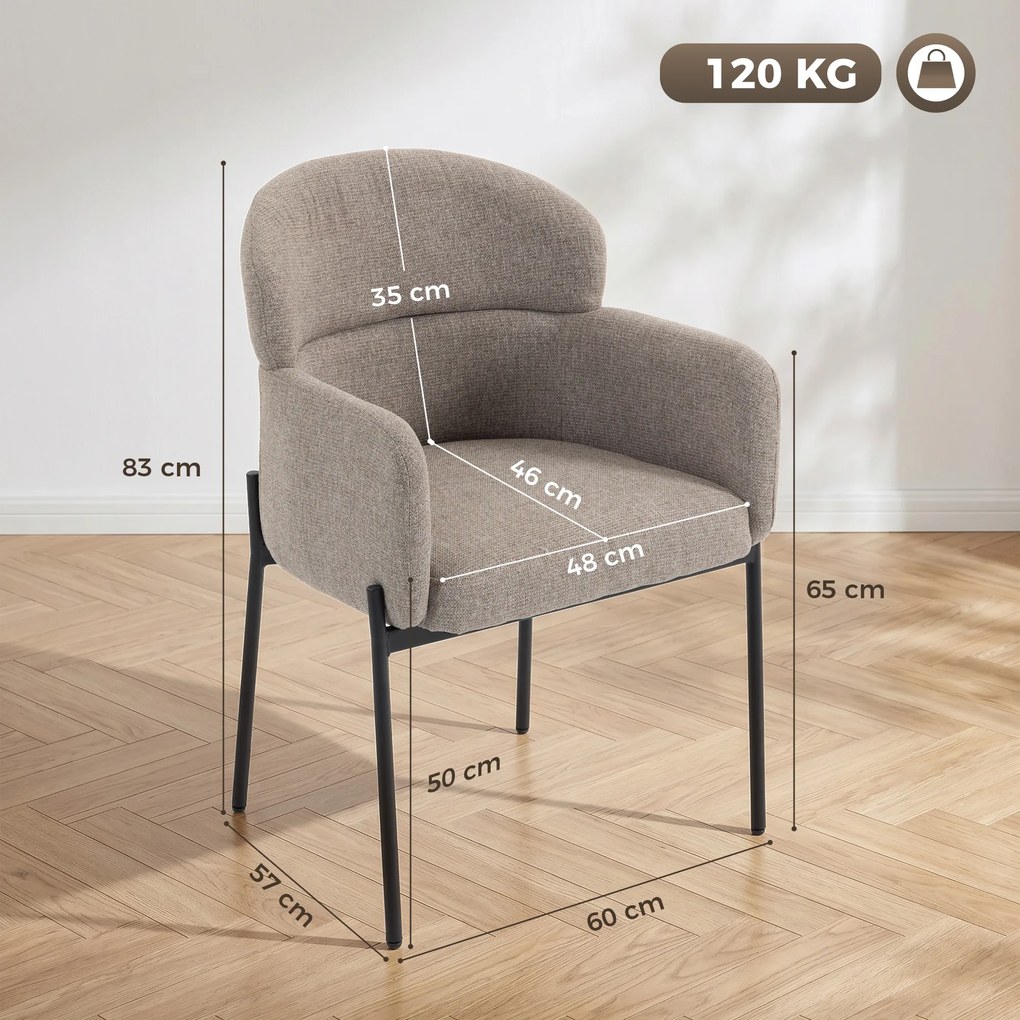Poltrona de sala, poltrona auxiliar estofada em chenille com encosto curvo e braços, pés em metal, castanho claro