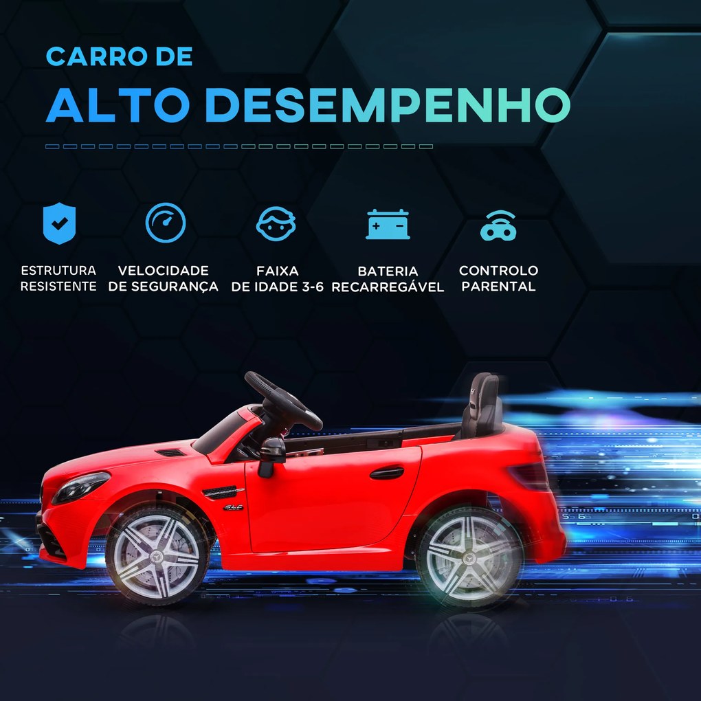 Carro Elétrico Mercedes SLC 300 12V com Controlo Remoto Faróis LED Música TF USB e Abertura da Porta 3-5km/h 107x62,5x44 cm Vermelho