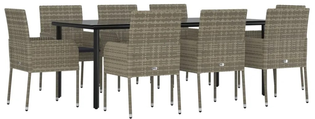 9 pcs conjunto jantar jardim c/ almofadões vime PE preto/cinza