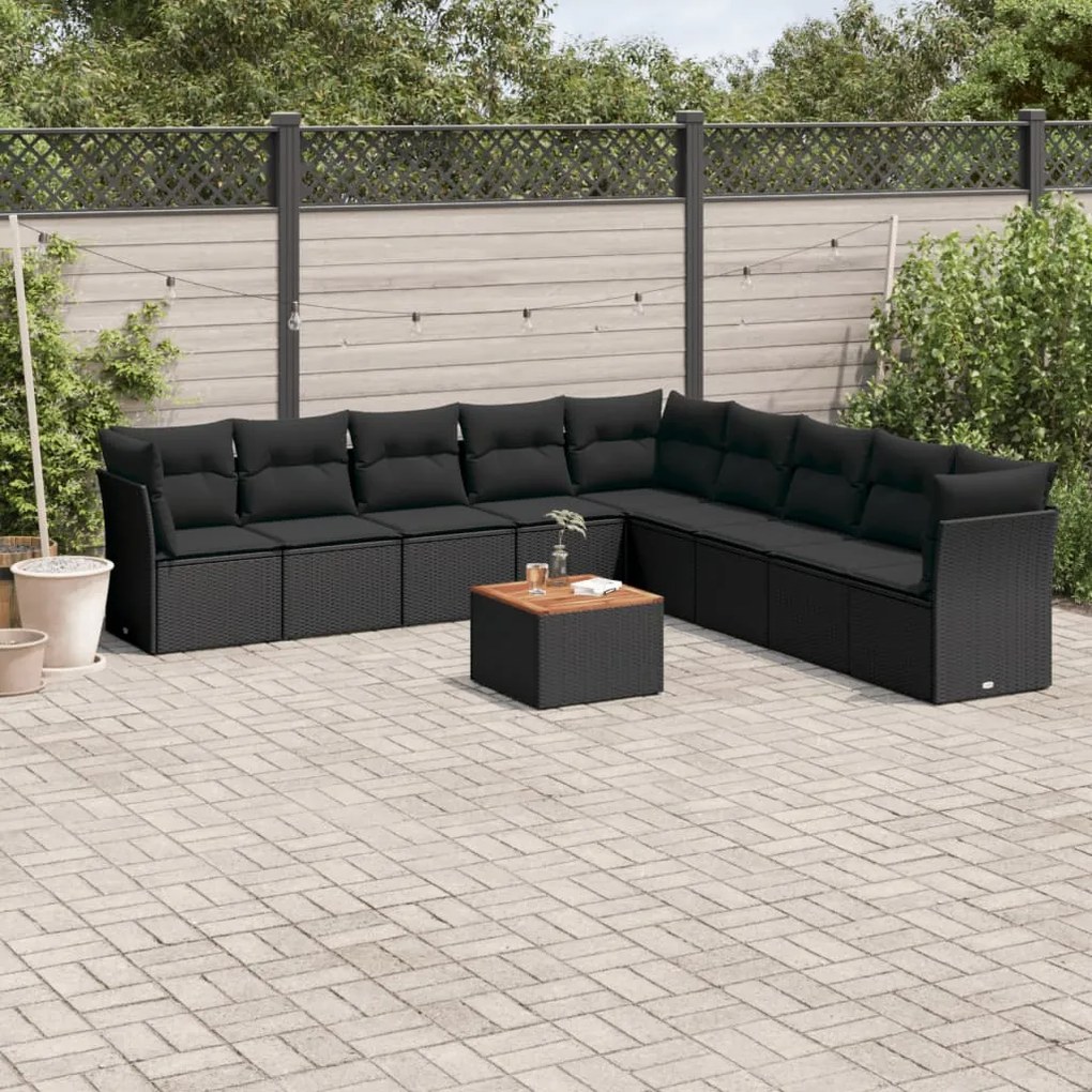 10 pcs conjunto sofás de jardim c/ almofadões vime PE preto