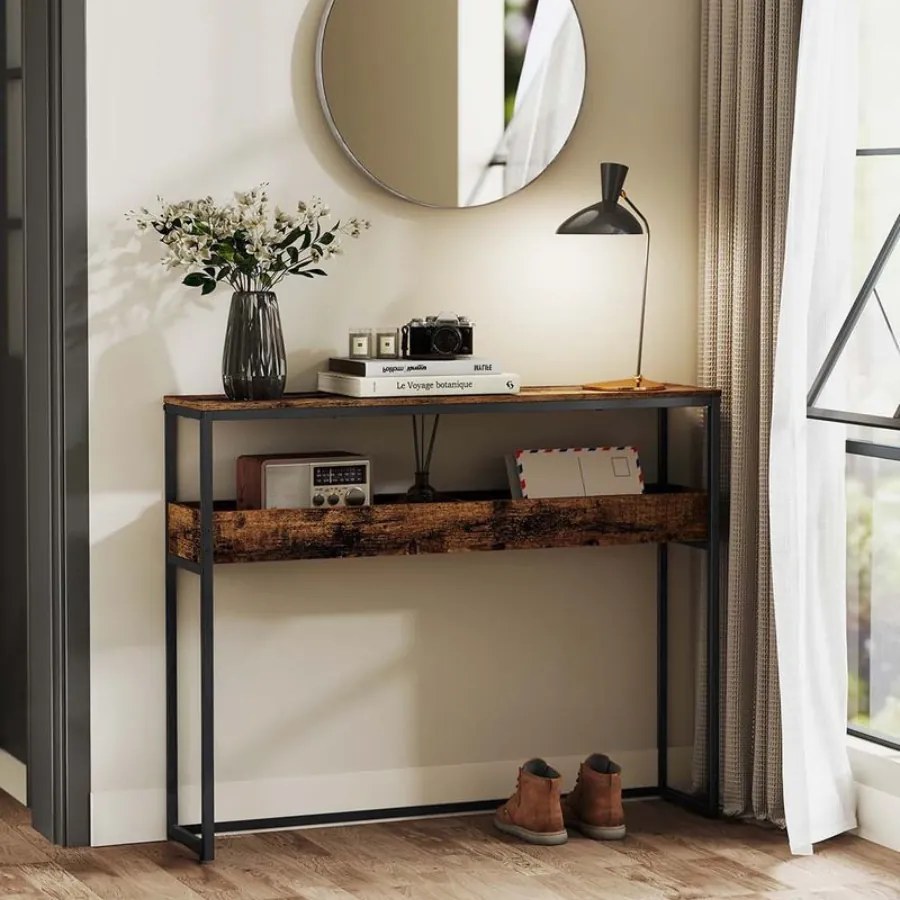 Mesa consola estreita com dois níveis e compartimentos semiabertos 24 x 100 x 80 cm Castanho vintage + Preto