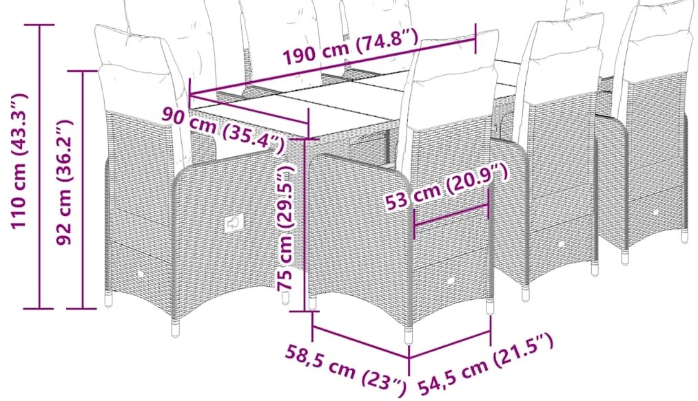 9 pcs conjunto de bistrô p/ jardim c/ almofadões vime PE preto