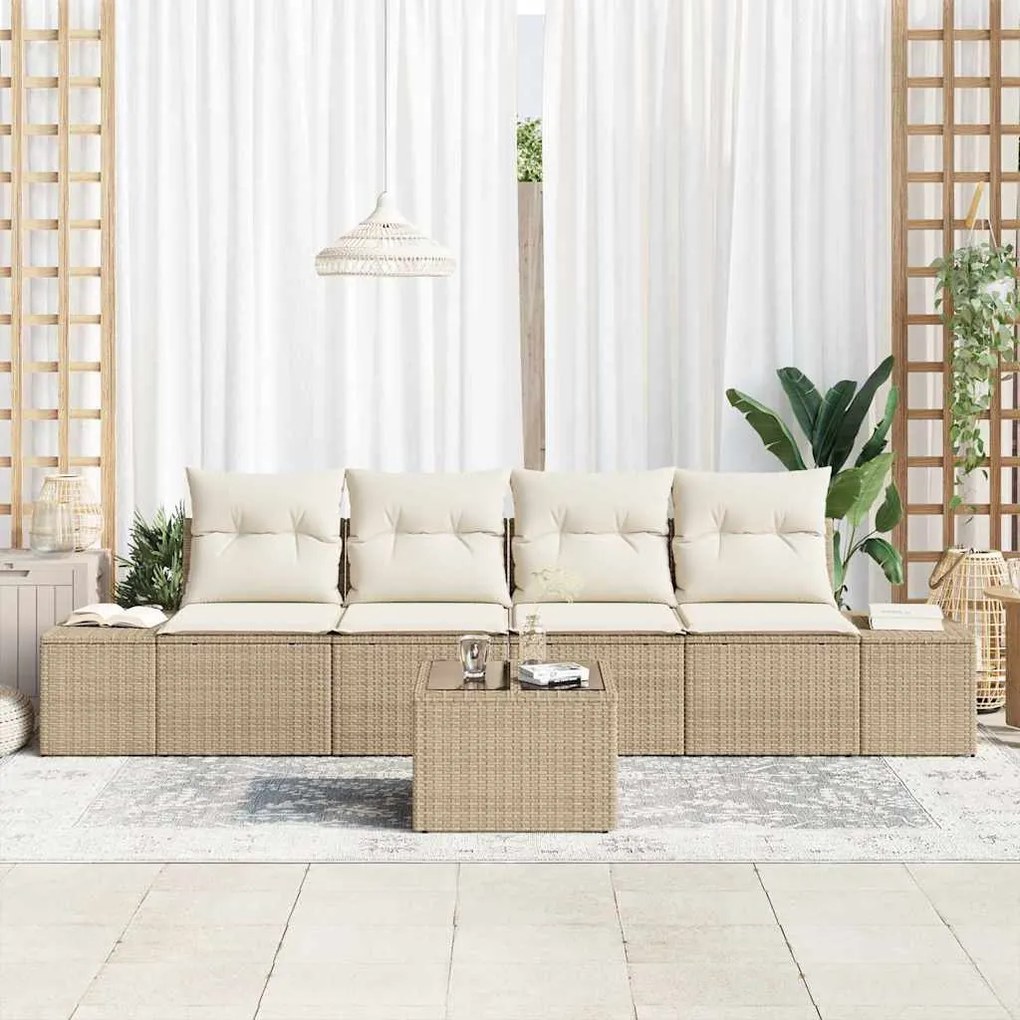 Conjunto de Sofá de Jardim de 5 Peças com Almofadas Bege Rattan Poliés