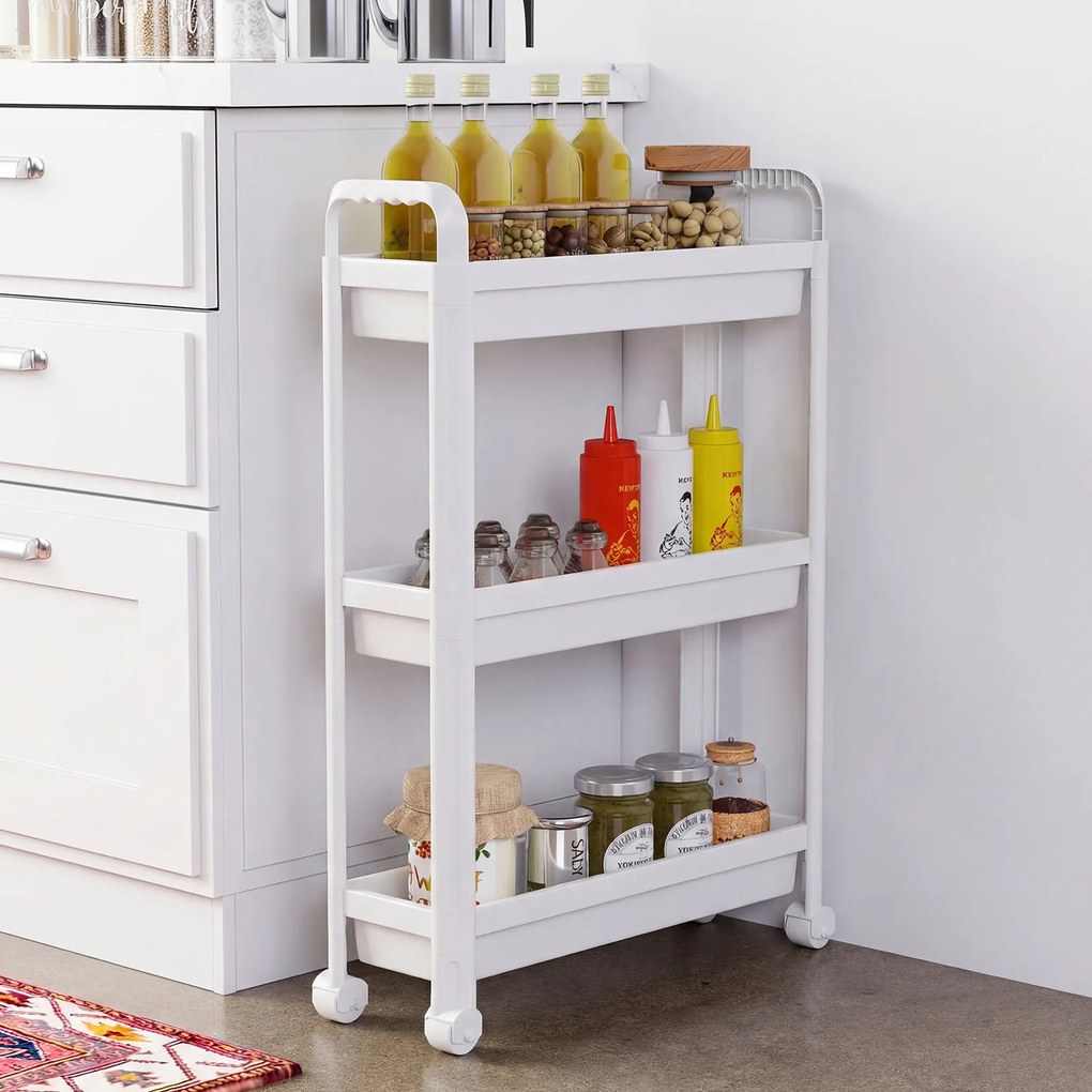 Carrinho estreito de 3 níveis com rodas e pegas54×18,5×76 cm Organizador móvel para cozinha, casa de banho, lavandaria e escritório Branco