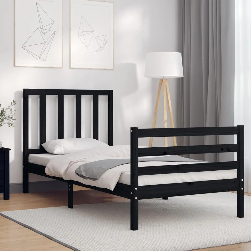 vidaXL Estrutura de cama com cabeceira 90x200 cm madeira maciça preto