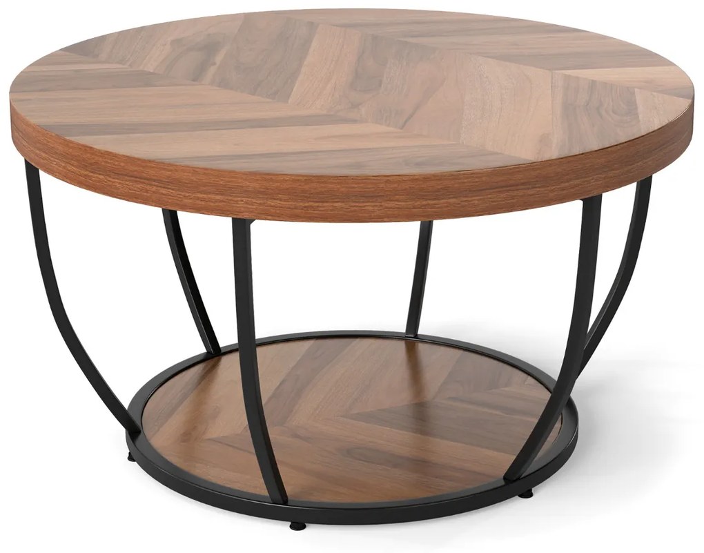 Mesa de centro redonda de 2 níveis com arrumação Mesa de chá de 80 cm com estrutura metálica Mesa de apoio para sala de estar Natural/preto