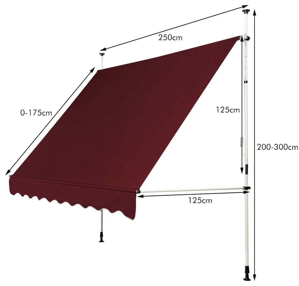 Toldo Telescópico e Retrátil 250 cm Resistente aos Raios UV Impermeável com Manivela Altura Regulável para Janela Varanda Jardim Vermelho