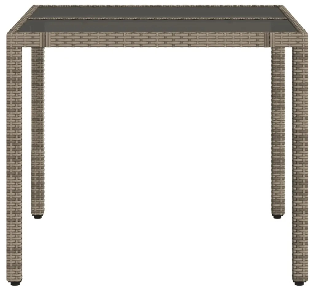 Mesa de jardim com tampo de vidro 90x90x75 cm vime PE cinzento