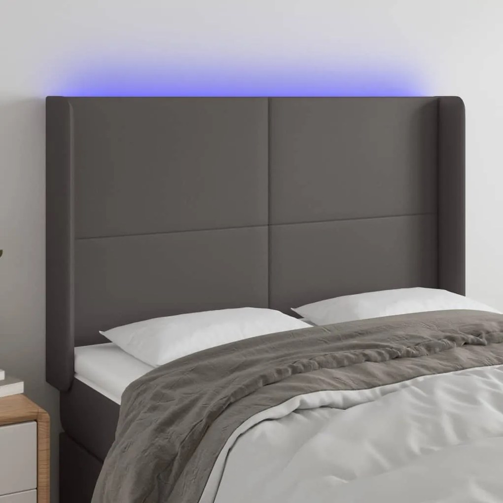 Cabeceira cama c/ LED couro artif. 147x16x118/128 cm cinzento