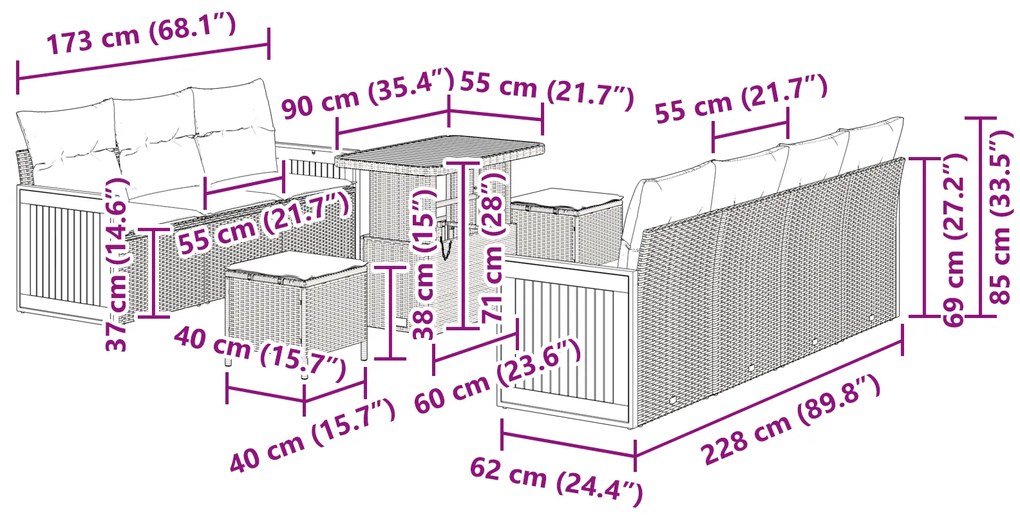 Conjunto de Sofá de Jardim de 10 Peças com Almofadas Preto em Rattan P