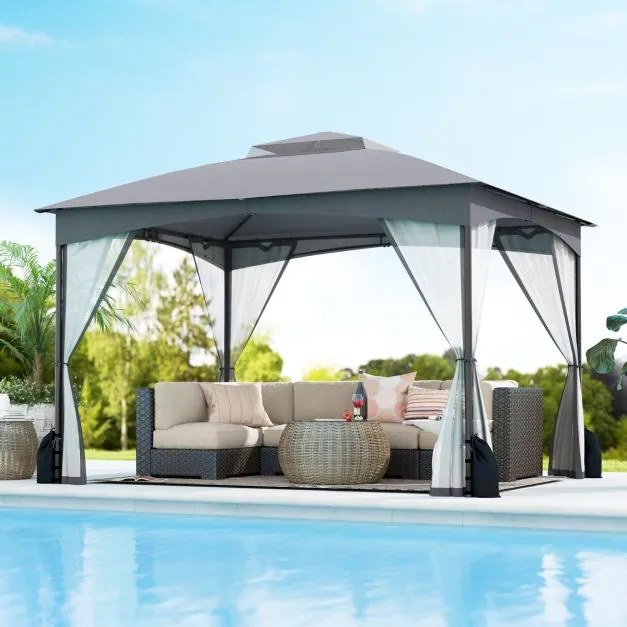 Pérgula para jardim 365x300 cm com paredes de malha com pesos areia Estrutura metálica resistente Portas com fecho Cinzenta