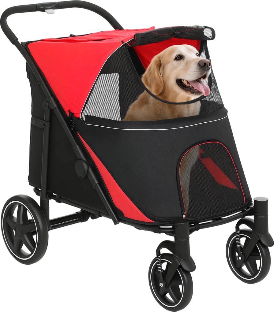 PawHut Carrinho Cães Dobrável Janelas Malha Cinto Segurança Bolsos Armazenamento Confortável 112x65x100 cm Vermelho | Aosom Portugal