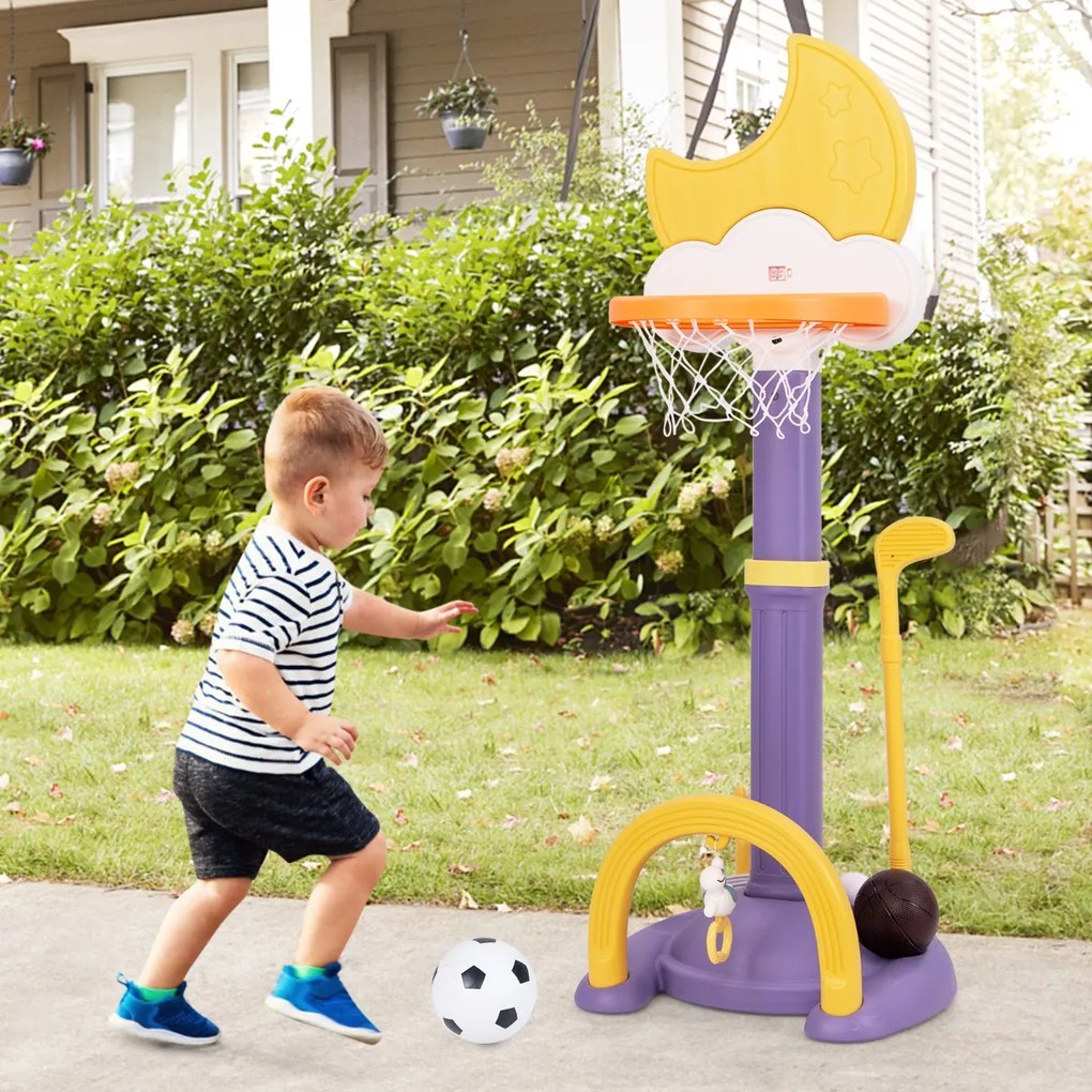 Cesto de basquetebol 4 em 1 para crianças Centro de actividades desportivas ajustável com anéis de basquetebol, futebol, golfe Amarelo