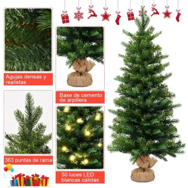 Árvore de Natal artificial de 90 cm com 50 luzes LED e temporizador 363 ramos Base estável Verde