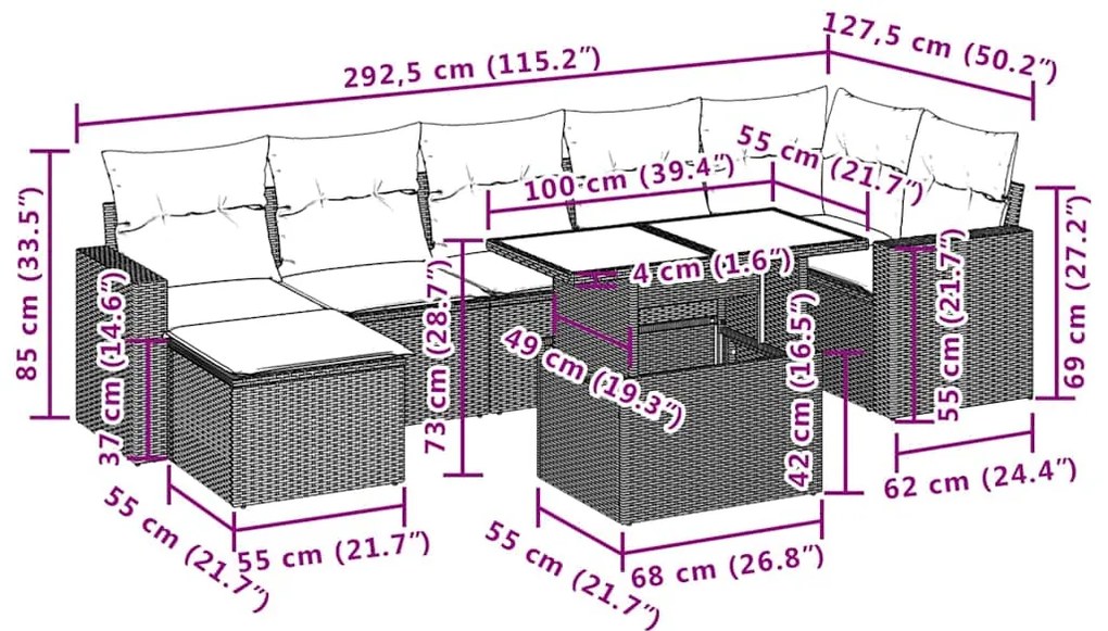 8 pcs conjunto sofás de jardim com almofadões vime PE preto