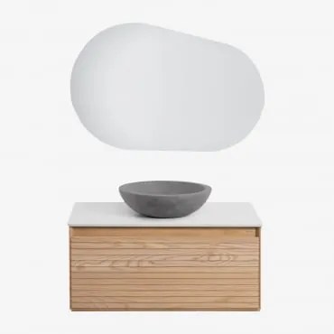 Conjunto De Móvel De Casa De Banho Suspenso Em Madeira De Freixo Tedrik Castanho Fresno & Cimento Cinzento Redondo Ø40 Cm Tarsis & Oval - Sklum
