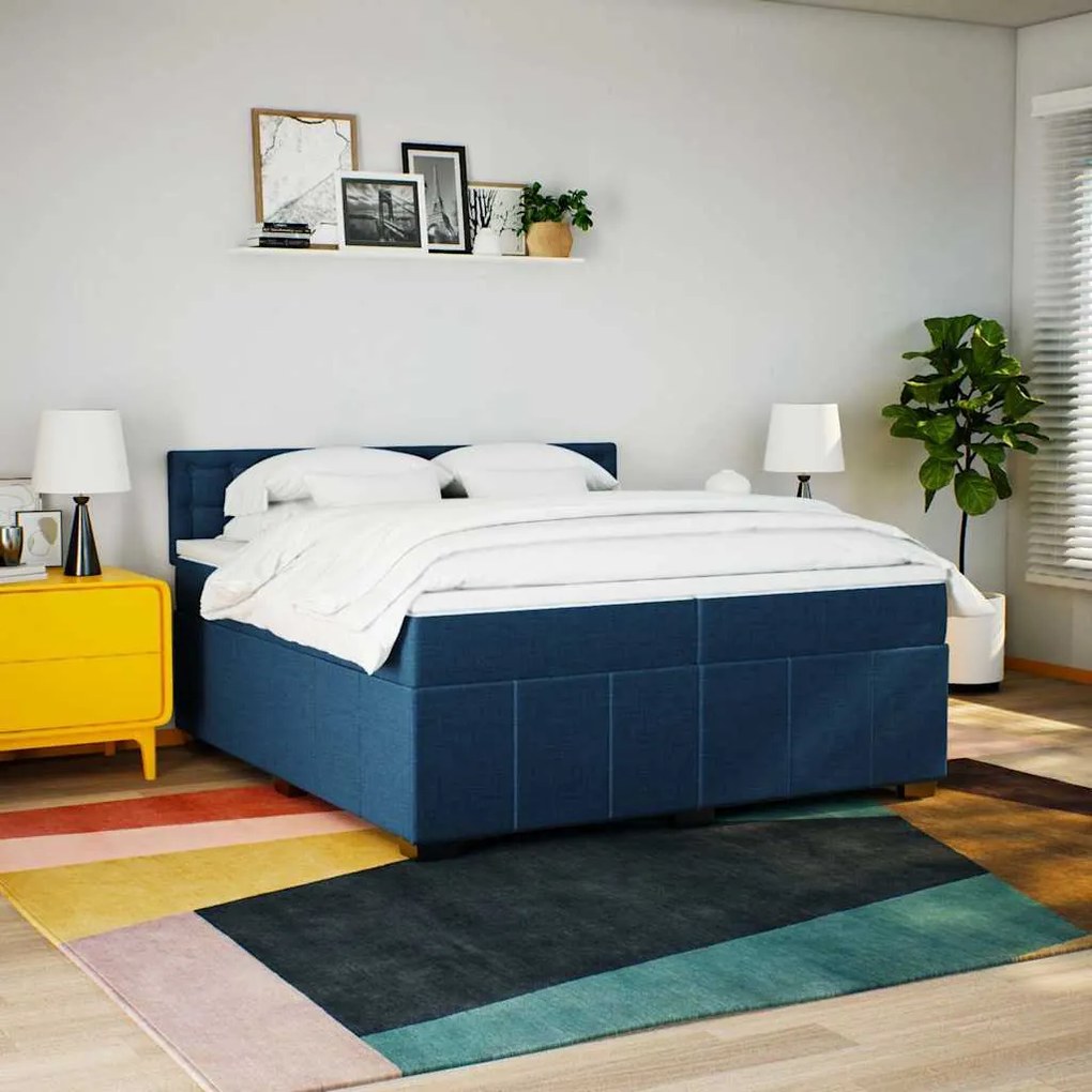 Cama com molas/colchão 200x200 cm tecido azul